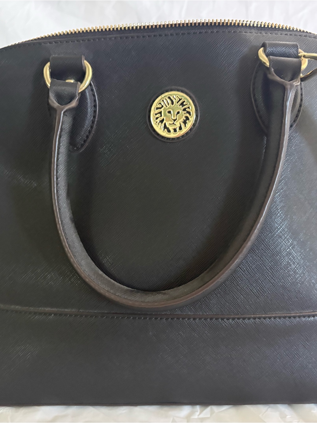 Anne Klein Black Leather Satchel Handbag With Gold Emblem - Women Bags